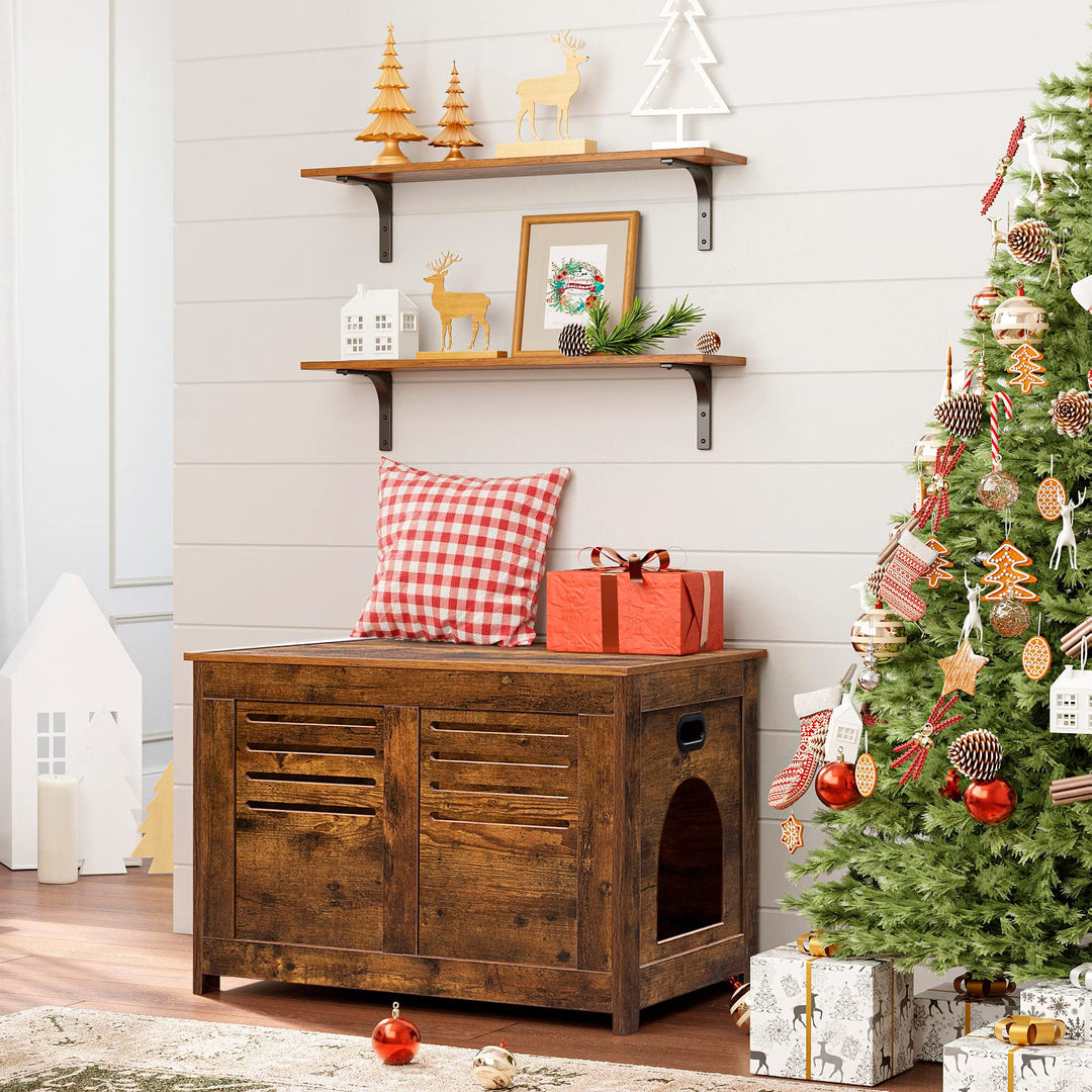 Litter Box Furniture, Flip Top Hidden, Washroom with Louvered Window, Entrance Can Be on Left/Right Side, Enclosed Litter House Side Table for Most of Cat and Litter Box, Rustic Brown