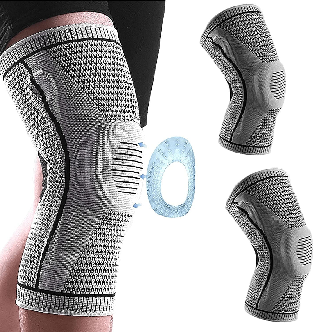 2pcs Ultra Knee Elite Knee Compression Sleeve - Professional Knee Brace, Elastic Knee Wraps Patella Stabilizer with Silicone Gel Spring Support, Knee Support Non-slip for Men Women (Grey, Medium)