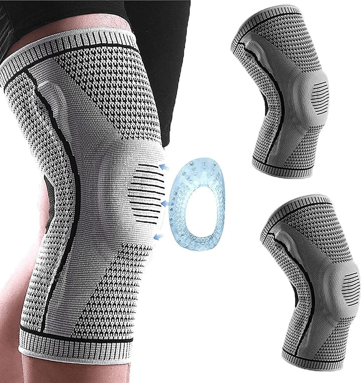 2pcs Ultra Knee Elite Knee Compression Sleeve - Professional Knee Brace, Elastic Knee Wraps Patella Stabilizer with Silicone Gel Spring Support, Knee Support Non-slip for Men Women (Grey, Medium)