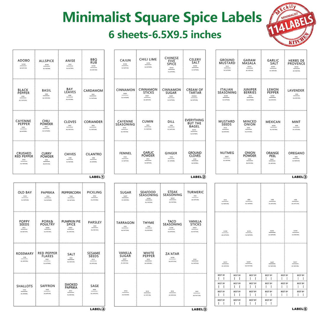 Cagseia 114 Spice Jar Labels Preprinted Minimalist White Label, Fit Round or Rectangle Spice Jars, Waterproof Labels Stickers, Herb Seasoning Kitchen Pantry Labels