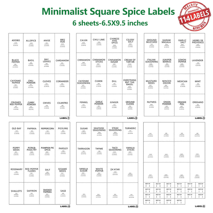 Cagseia 114 Spice Jar Labels Preprinted Minimalist White Label, Fit Round or Rectangle Spice Jars, Waterproof Labels Stickers, Herb Seasoning Kitchen Pantry Labels