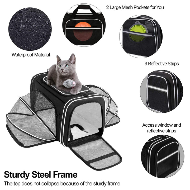 Airline Approved Expandable Pet Carrier with Mesh Pockets, Shoulder Strap, Washable Pads - For 2 Cats, Kittens, Puppies, Dogs
