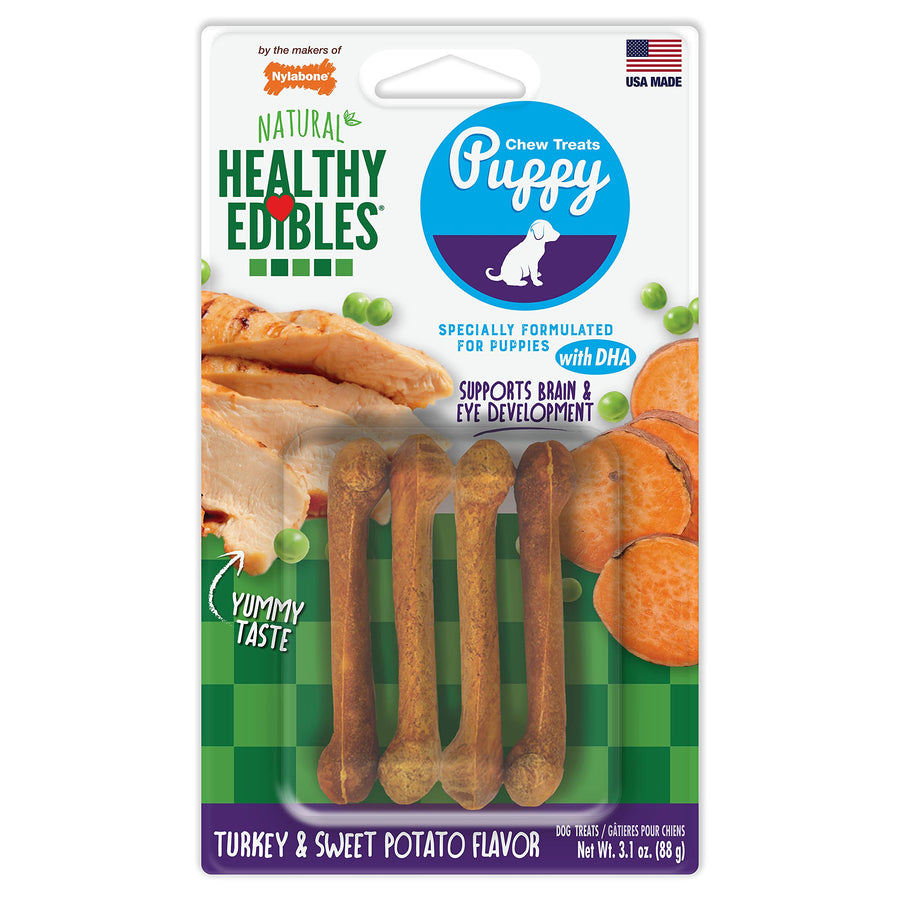 Healthy Edibles Natural Puppy Chews Long Lasting Treats for Puppies, Turkey & Sweet Potato Flavor, X-Small/Petite (4 Count)