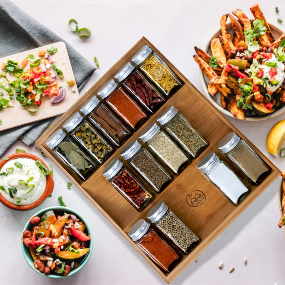 Spice Organizer Drawer Insert Kitchen Cabinet Small Jars Holder Tray 3-Tier Deep Drawers Bamboo Spice Rack