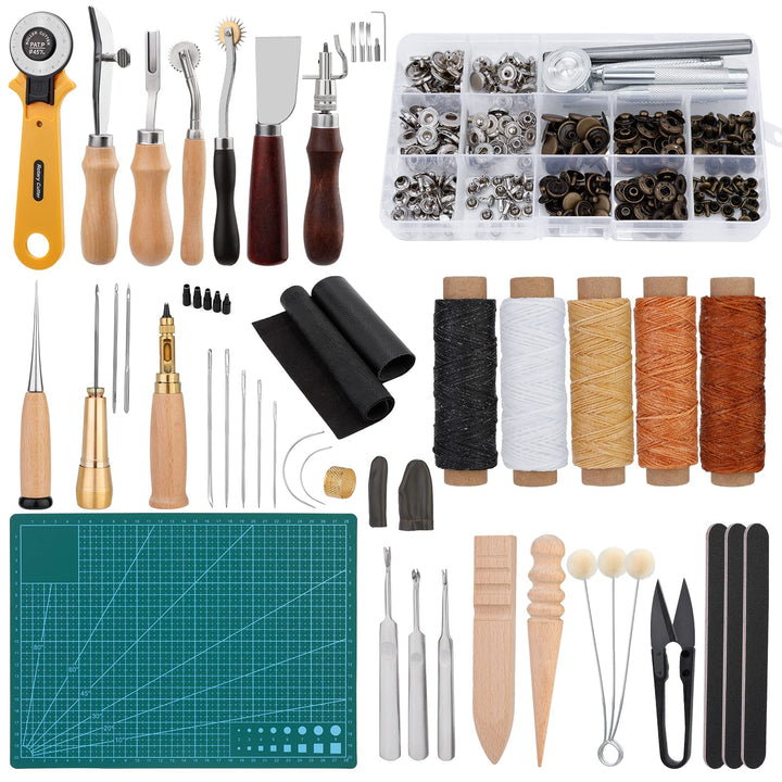 Leather Working Tools: Professional Leather Working Kit with Leather Snap Fasteners and Rivets Kit, Automatic Hole Punch, Waxed Thread Stitching Groover Leather Repair Kit for Furniture