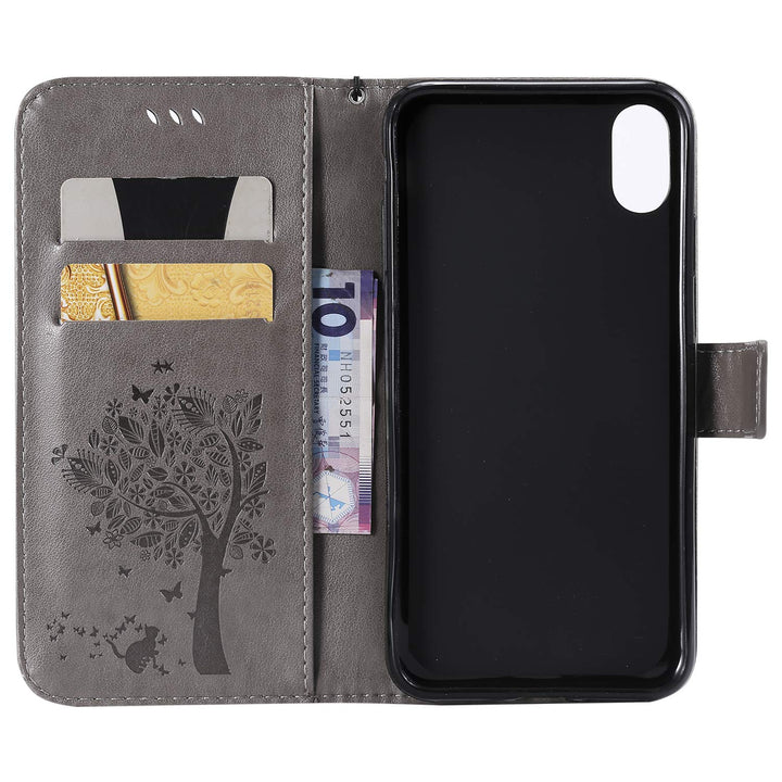 NOMO for iPhone XR Case,for iPhone XR Wallet Case,for iPhone XR Flip Case PU Leather Emboss Tree Cat Flowers Folio Magnetic Kickstand Cover with Card Slots for iPhone XR (6.1 inch) Release, Gray