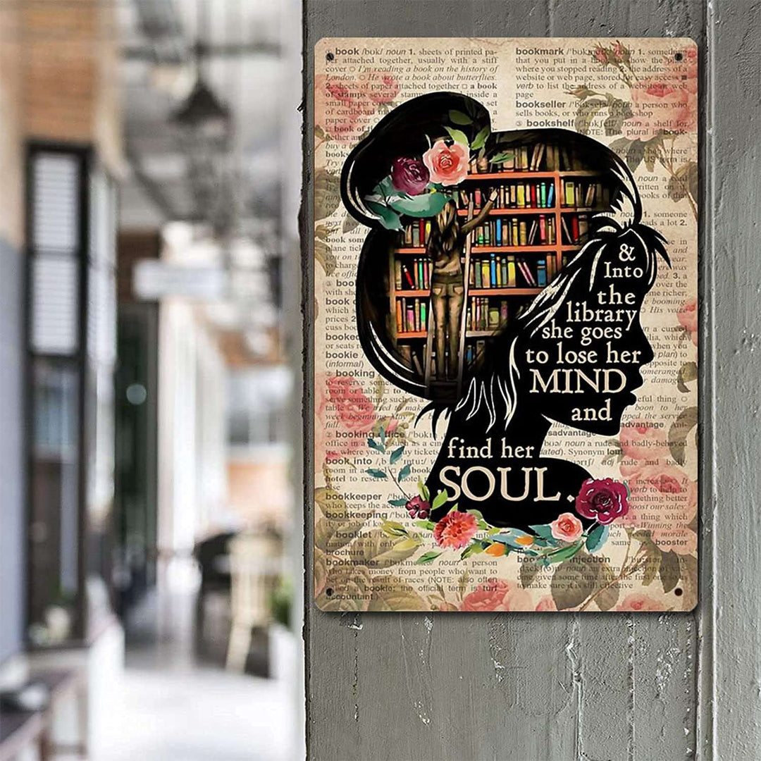 Books Into The Library Vertical Poster, Girl Love Books Vintage Wall Art, Book Lover, Book Dictionary Poster,Retro Vintage Tin Sign, Wall Metal Signs Posters for Home Kitchen Diner-12x16inch(30x40cm)