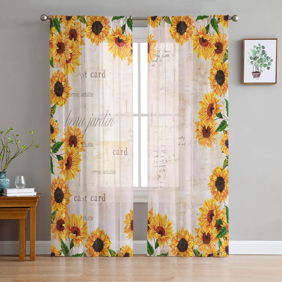Sunflower Sheer Curtains 63 Inch Length 2 Panels Set, Yellow Floral Rustic Paper Farmhouse Curtains Semi Transparent Voile Rod Pocket Curtains for Living Dining Room Bedroom Drapes Decorations