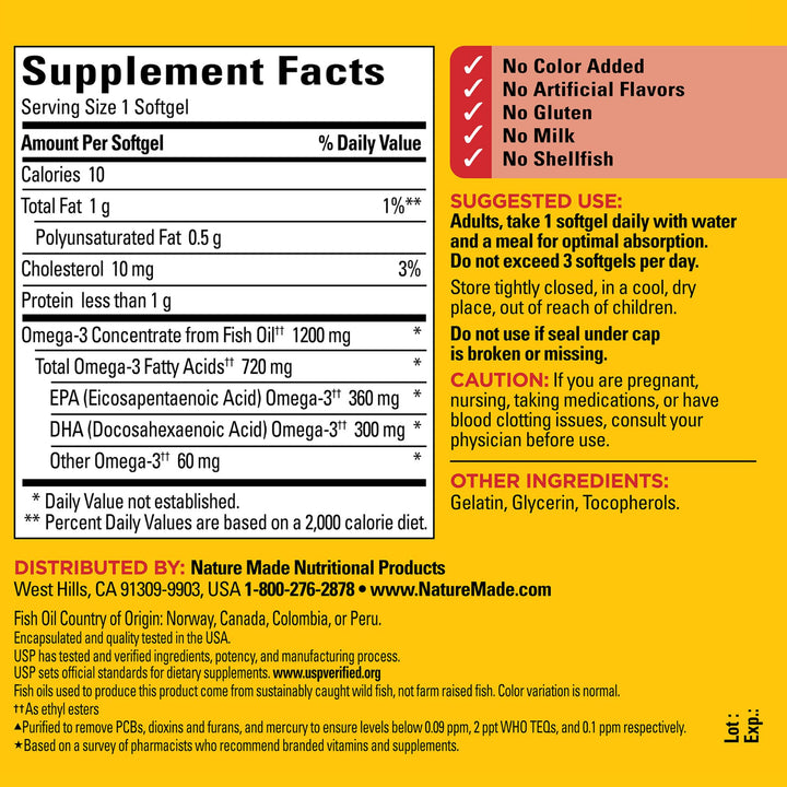 Omega 3 Fish Oil 1200 mg, Fish Oil Supplements as Ethyl Esters, Omega 3 Fish Oil for Healthy Heart, Brain and Eyes Support, One Per Day, Omega 3 Supplement with 100 Softgels