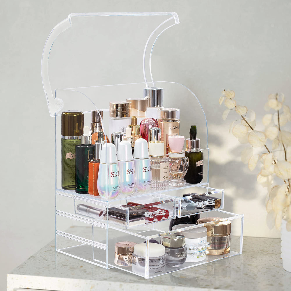 Professional Acrylic Makeup Organizer with Lid Dust Water Proof, Thicker Skin Care Cosmetic Display Case with 3 Drawers, Vanity Countertop Make Up Organizator for Jewelry & Perfume, Clear