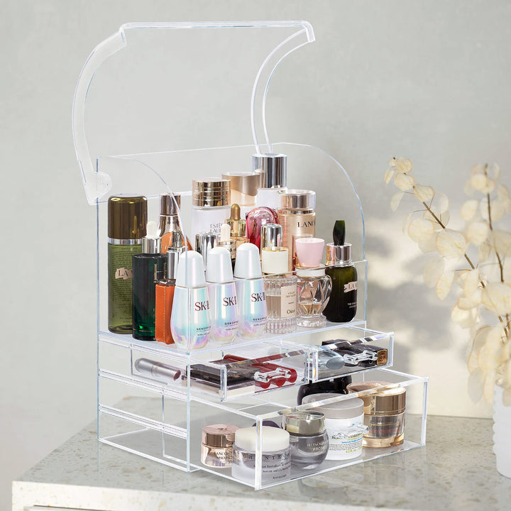 Professional Acrylic Makeup Organizer with Lid Dust Water Proof, Thicker Skin Care Cosmetic Display Case with 3 Drawers, Vanity Countertop Make Up Organizator for Jewelry &amp; Perfume, Clear