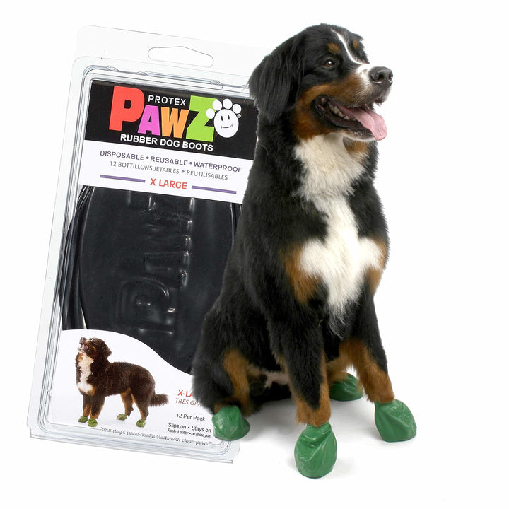 PawZ Rubber Dog Boots for Paws 4 and Up, 12 Pack - All-Weather Dog Booties for Hot Pavement, Snow, Mud, and Rain - Waterproof, Anti Slip Dog Socks - X-Large, Black