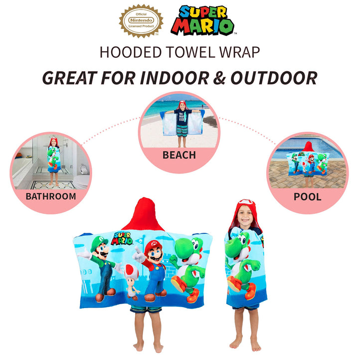Super Mario Bath/Pool/Beach Soft Cotton Terry Hooded Towel Wrap, 24 in x 50 in, By Kids