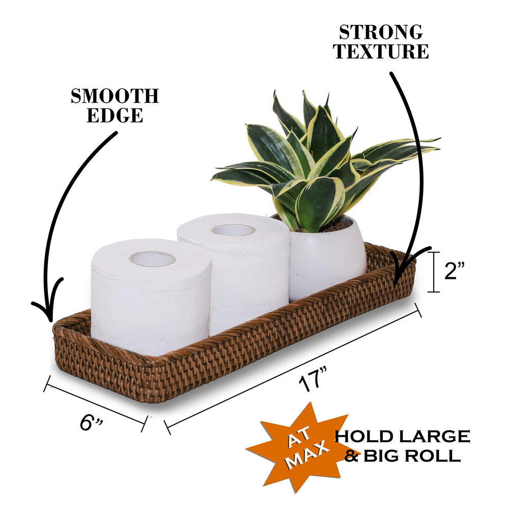 Rattan Toilet Tank Basket Guest Towel Holder for Serving Organizing Bread Shelves 17'' x 6'' x 2'' Bathroom Counter and Storage Decorative Wicker Tray (17 x 6 x 2 inches, Dark Brown)