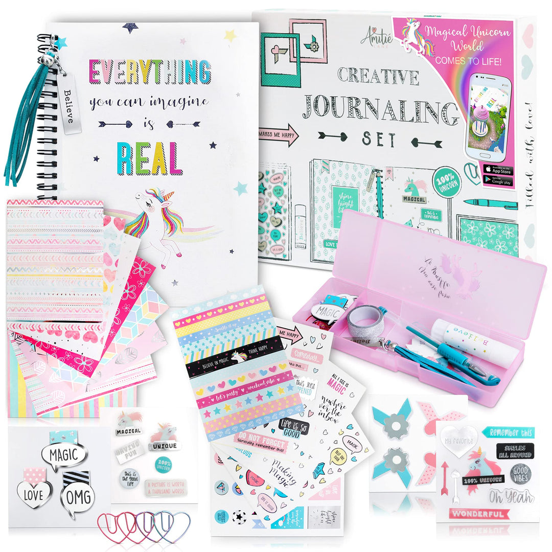 DIY Unicorn Journaling Set/Scrapbook Kit for Girls - Includes Scrapbooking Supplies Plus Augmented Reality Experience (STEM Toys) Use As Kids Planner, Organizer, Diary &amp; Craft Kits
