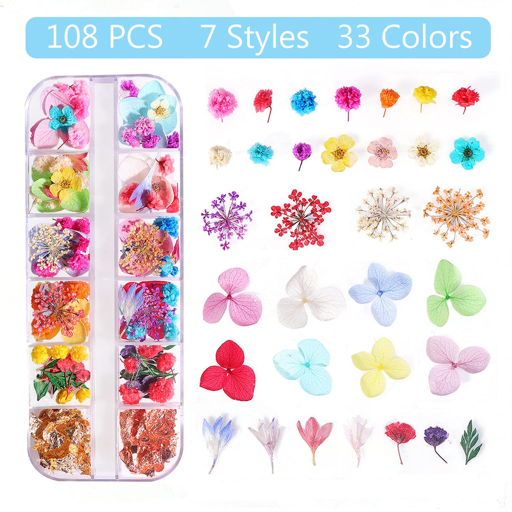 108PCS Dried Flowers for Nail Art - 33 Color Lovely Natural Flower Nail Art, 2 Color Foil Nail Art, Nail Art Accessories Kits, Dried Flowers for Resin Molds, (Dried Flowers + Foil)