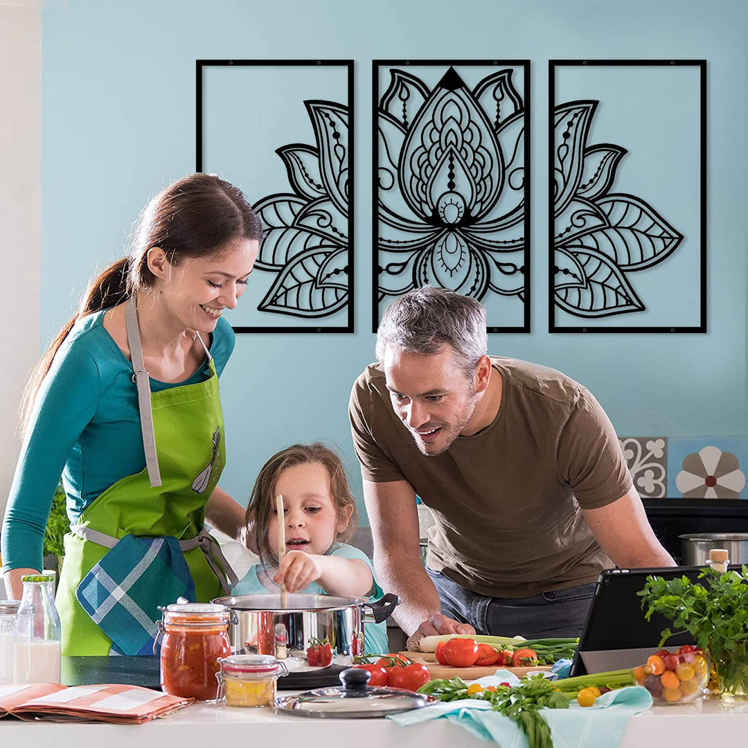 Large Lotus Flower Metal Wall Art 3-piece Set, Religion Faith Mandala Home Wall Decoration for Living Room, Bedroom, Office and Yoga Room