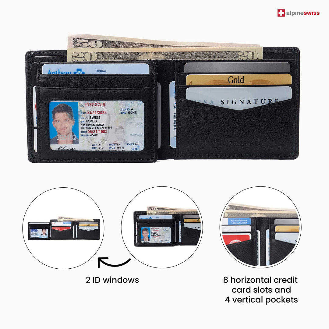 alpine swiss Men&#39;s Genuine Leather Wallet Slim Flip-out Bifold, Black, One Size