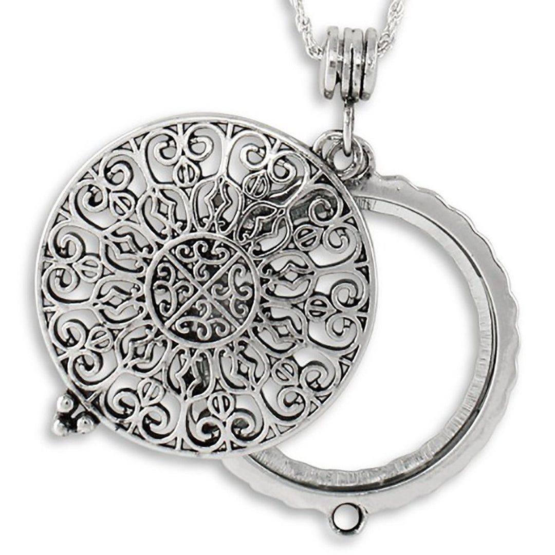 Ornate Filigree 4X Magnifier Magnifying Glass Sliding Top Magnet Pendant Necklace, 30 (Silver Tone)