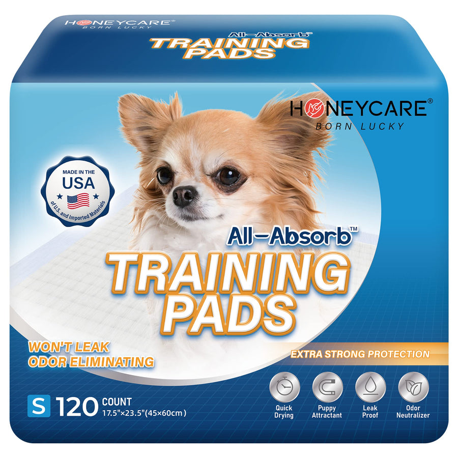 Honey Care All-Absorb, Small 17.5 x 23.5, 120 Count, Dog and Puppy Training Pads, Ultra Absorbent and Odor Eliminating, Leak-Proof 5-Layer Potty Training Pads with Quick-Dry Surface, Blue, A05