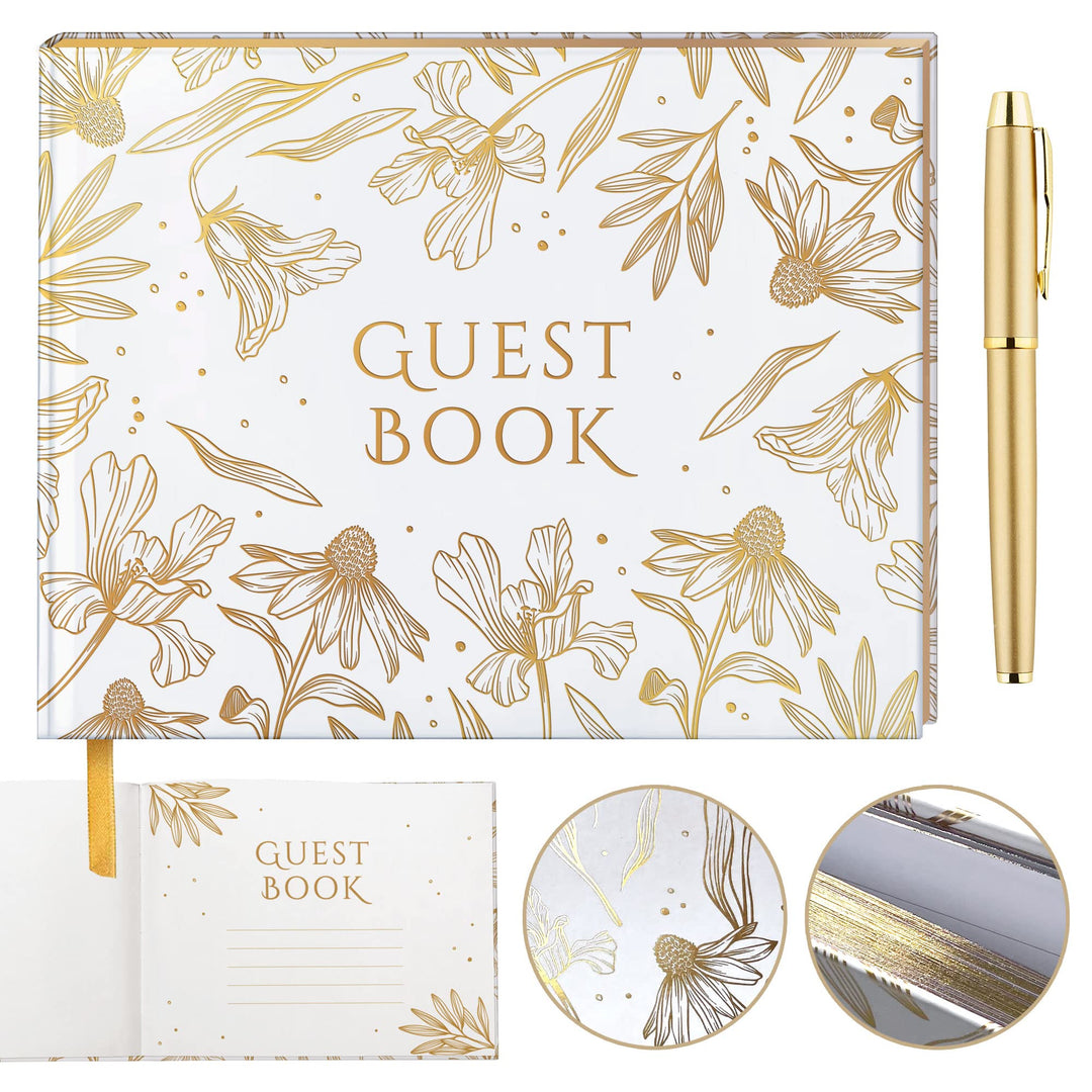 Beautiful Wedding Guest Book , Wedding Guestbook with Silver Pen , Guest Book Wedding with Gold Ribbon , Gold Guest Book , Wedding Guest with Gold Paper Edge , Wedding Book , Guestbook Wedding