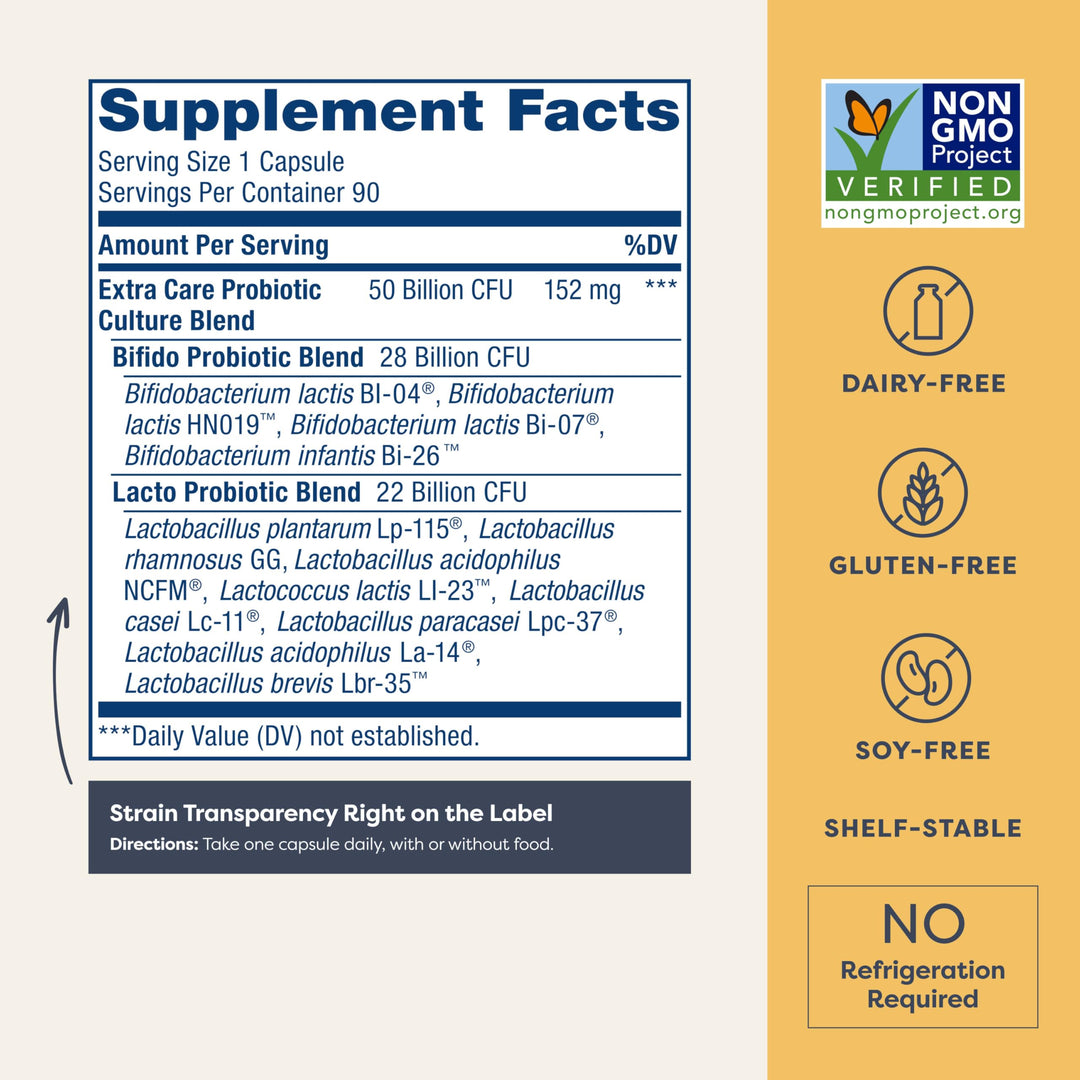 Extra Care Digestive Probiotic Capsules, 50 Billion CFU Guaranteed, Daily Supplement Supports Immune, Digestive, Respiratory Health(1), L. Rhamnosus GG, Dairy, Soy and Gluten-Free, 90 Count
