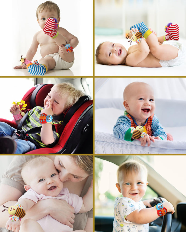 Baby Wrist Rattle, Handheld Rattles and Rattle Socks, Foot Rattle Leg Rattle Ankel Rattle, Soft Newborn Baby Rattle Toys for Infant Boy or Girl (4 PCS - BR)