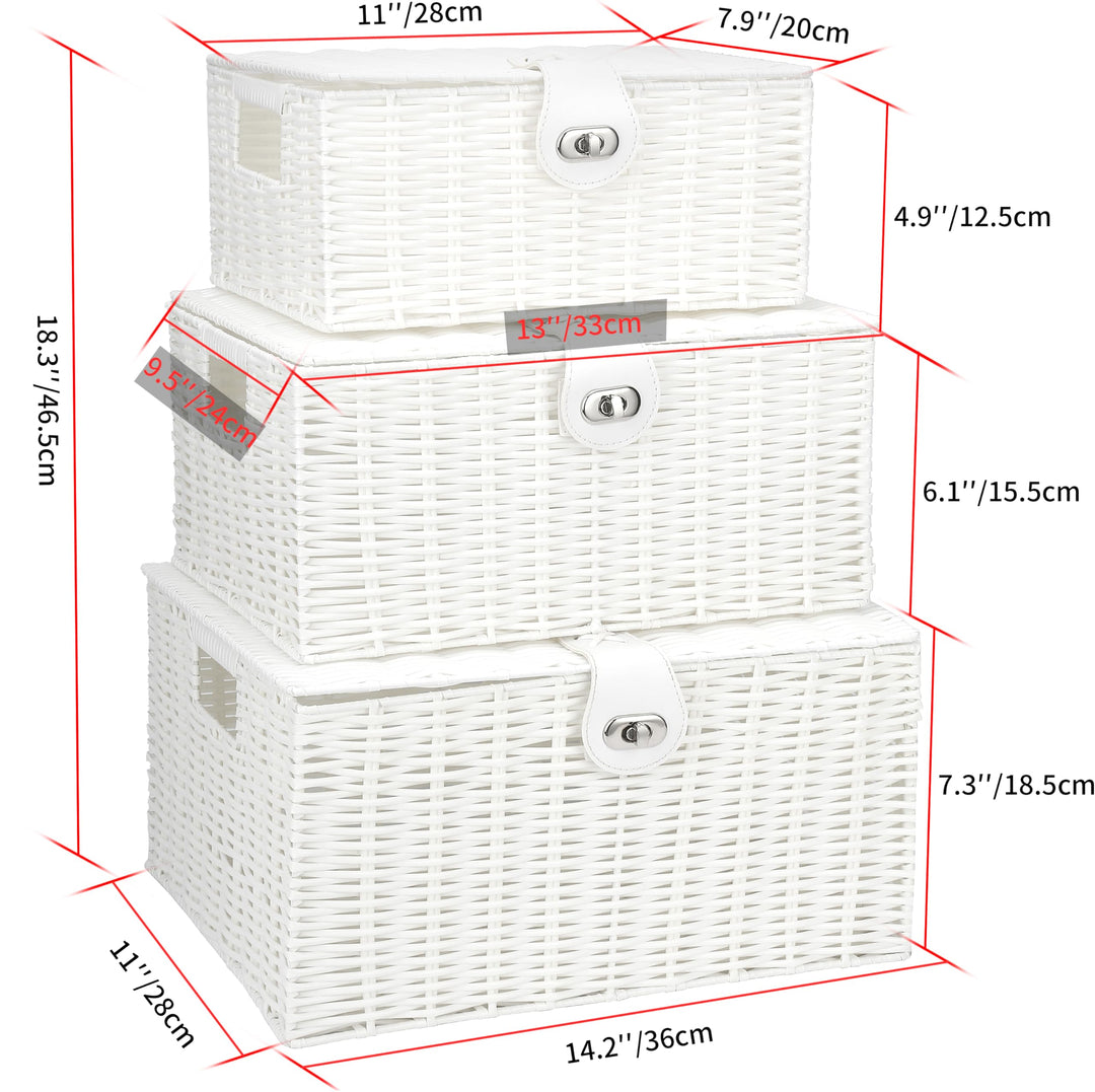 White Wicker Storage Baskets - Set of 3 Decorative Nesting Boxes with Lids, Woven Basket with Lock &amp; Handle, Organizer for Beauty Makeup Bathroom Decor