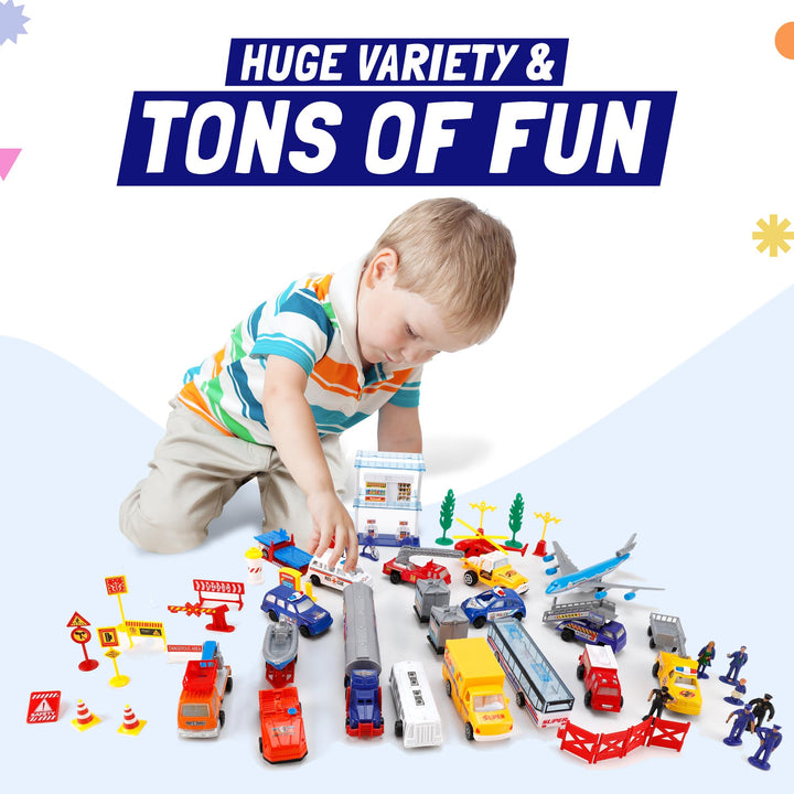 57 PCS Commercial Airport Playset with Airplane Toys, Play Vehicles, Fire Trucks, Police Cars &amp; Figures, and Accessories in Storage Bucket for Kids Imaginative Play