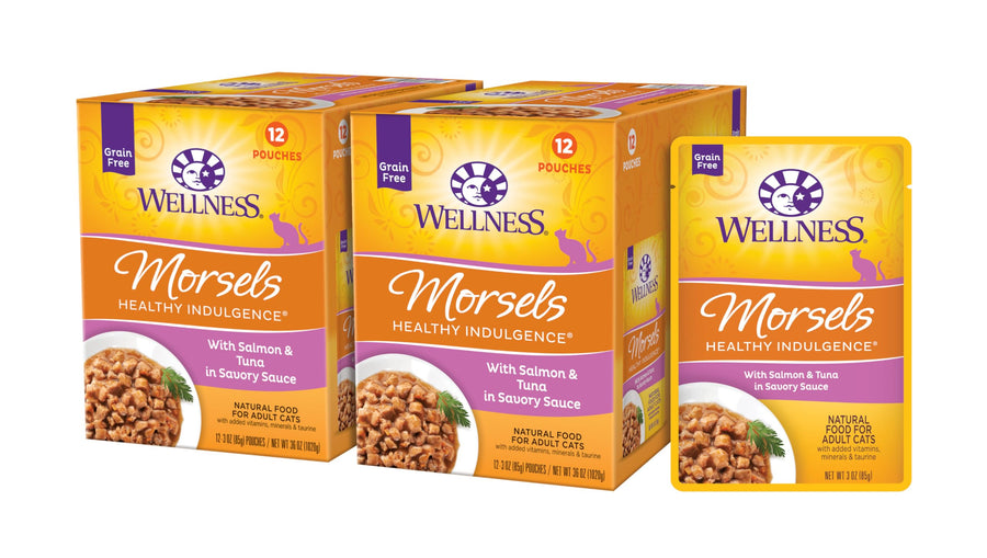 Healthly Indulgence Morsels Adult Wet Cat Food, Natural, Protein-Rich, Grain Free, 3 Ounce Pouch, 24 Pack, (Salmon & Tuna)