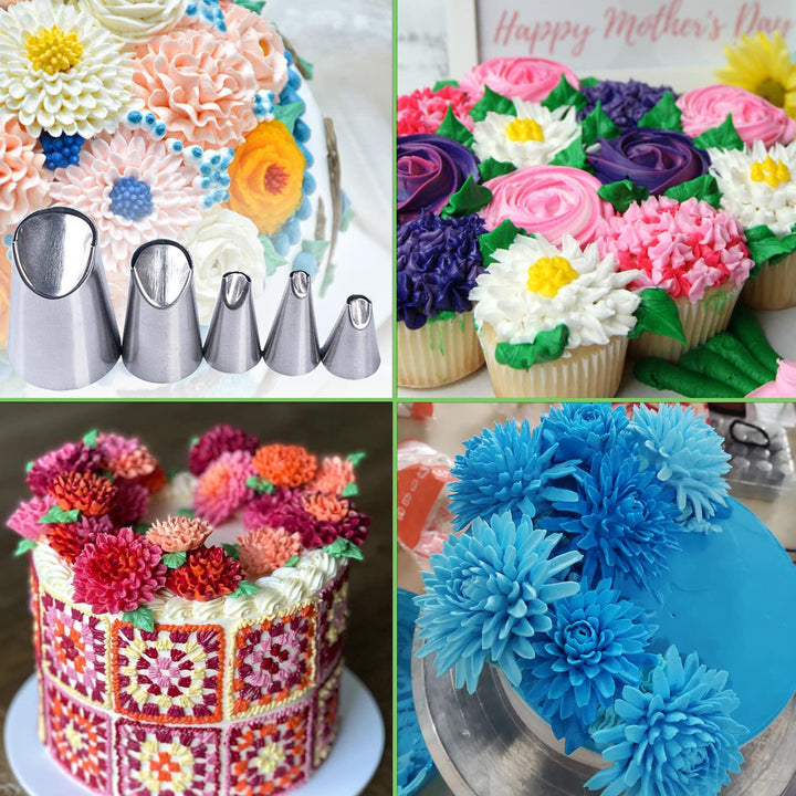 Rose Flower Piping Tips Set, Stainless Steel Chrysanthemum Nozzles, Crinkle Cream Laminating Nozzle Cupcake Pastry Tool For Decorating Cake Tulip Pastry Nozzle Baking Forms Pastry (5 Pieces)
