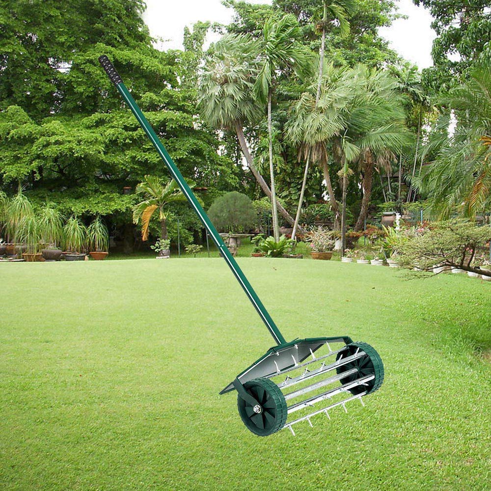 Heavy Duty 18 Inch Aerator Roller Rolling Lawn Garden Spike with Fender Lawn Aerator Home Grass Steel Handle Green Quick and Easy to Assemble