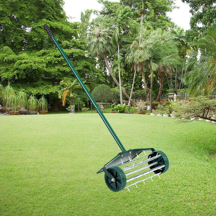 Heavy Duty 18 Inch Aerator Roller Rolling Lawn Garden Spike with Fender Lawn Aerator Home Grass Steel Handle Green Quick and Easy to Assemble