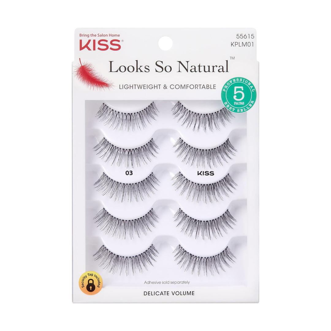 Look So Natural False Eyelashes Multipack 03, Cruelty Free, Vegan, Contact Lens Friendly, Easy to Apply, Includes 5 Pairs of Reusable Strip Lashes