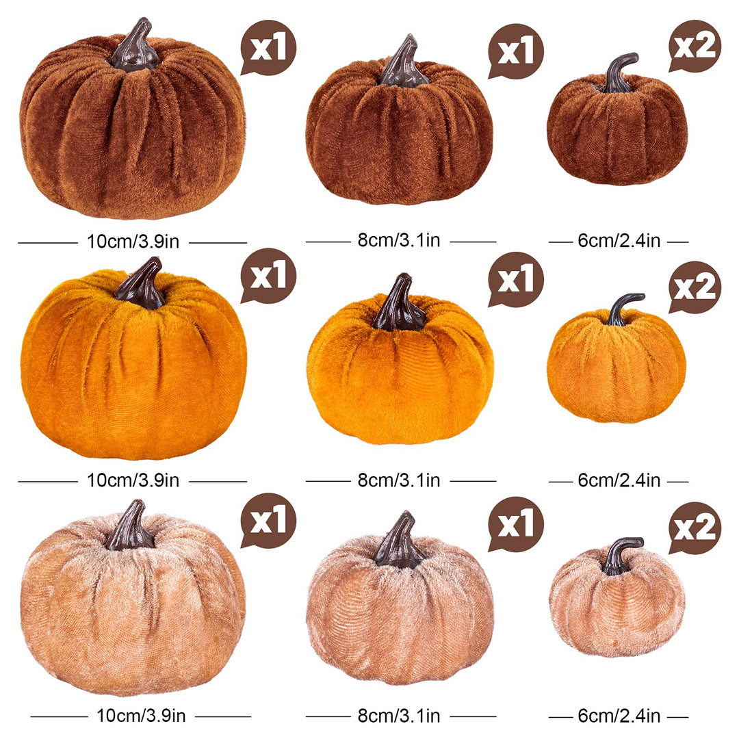 12Pcs Fall Artificial Pumpkins 3 Sizes Fake Velvet Pumpkin Orange Brown Khaki Small Foam Pumpkin Autumn Table Centerpiece for Fall Harvest Thanksgiving Halloween Party Decoration