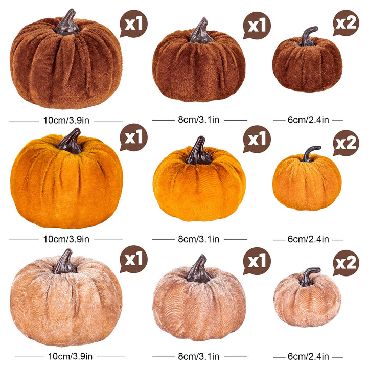 12Pcs Fall Artificial Pumpkins 3 Sizes Fake Velvet Pumpkin Orange Brown Khaki Small Foam Pumpkin Autumn Table Centerpiece for Fall Harvest Thanksgiving Halloween Party Decoration