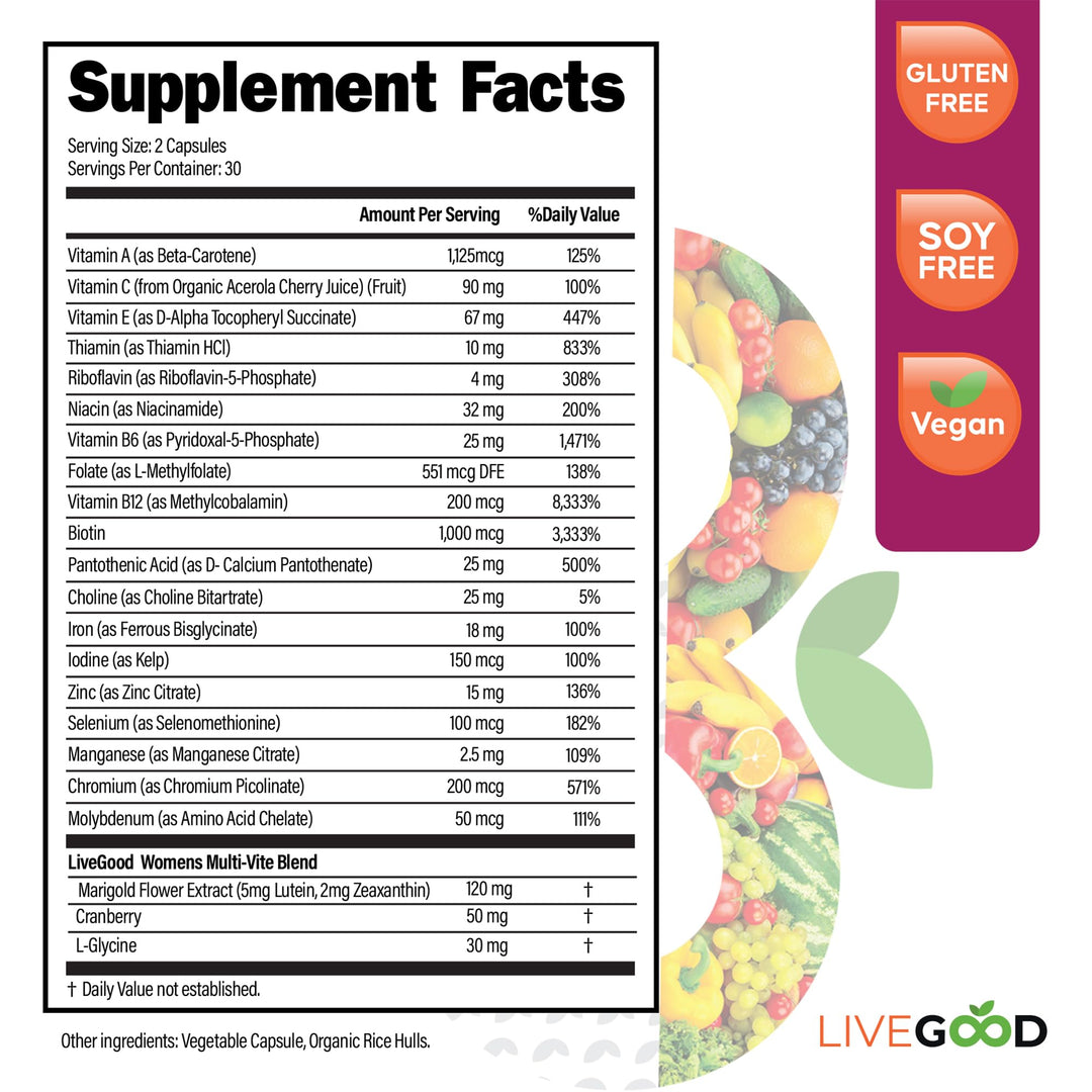 LIVEGOOD™ Women's Bio-Active Complete Multivitamin with Iron, Vitamin A, B12, C, E, Lycopene, Vegan, 60 Capsules