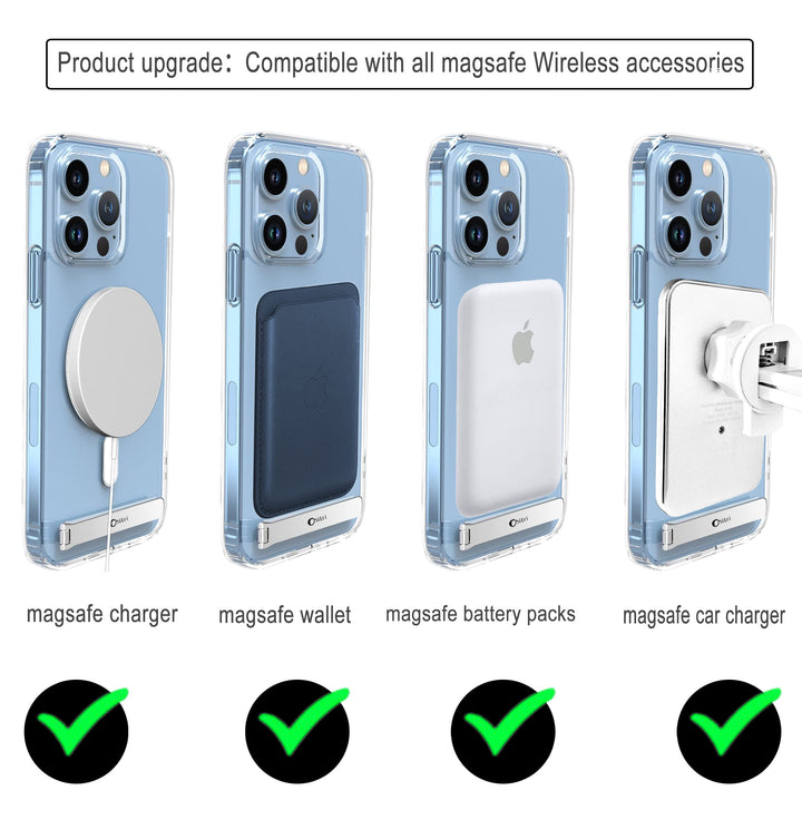 for iPhone 13 Pro Max Case Clear, [Three-Way Stand Magnetic Case] Compatible with MagSafe Charger [with Metal Kickstand] Transparent Hard PC Back Slim Shockproof Protective Case