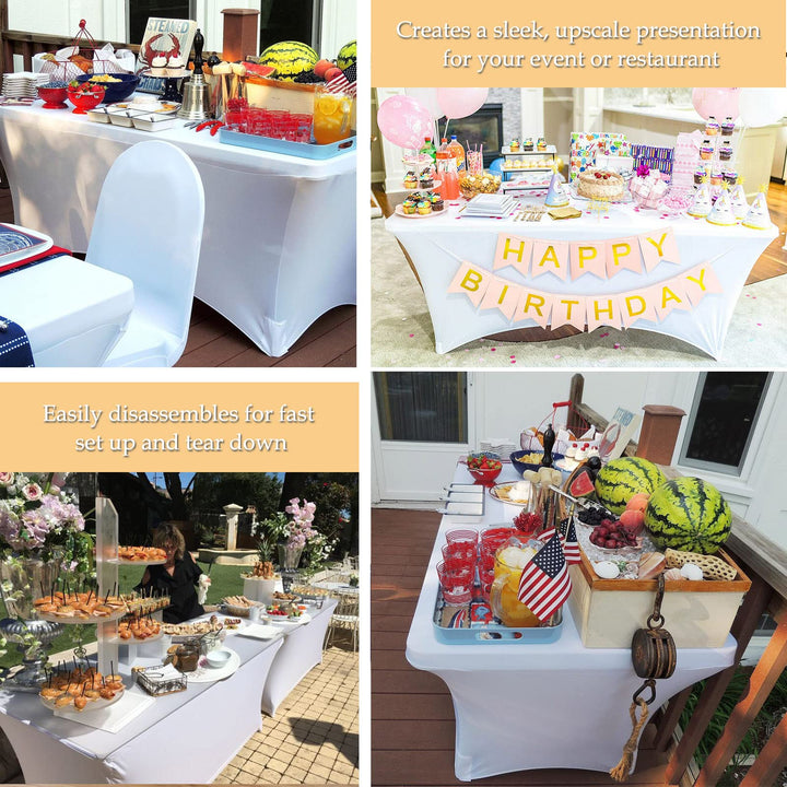 5 Pack Stretch Spandex Table Cover for 6 Ft Table, Washable and Wrinkle Resistant Stretchable Tablecloth, Rectangular Fitted Patio Tablecloth Protector for Wedding Event Banquet Parties-White