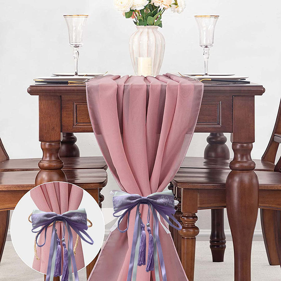 Chiffon Tablecloth Wedding Tablecloth (About 27.5 * 118 inches), Including 8 Packets of Petals and 2 Butterfly Silk Clips, Suitable for Country Wedding, Bride Shower, Baby Shower Party (Dark Pink)