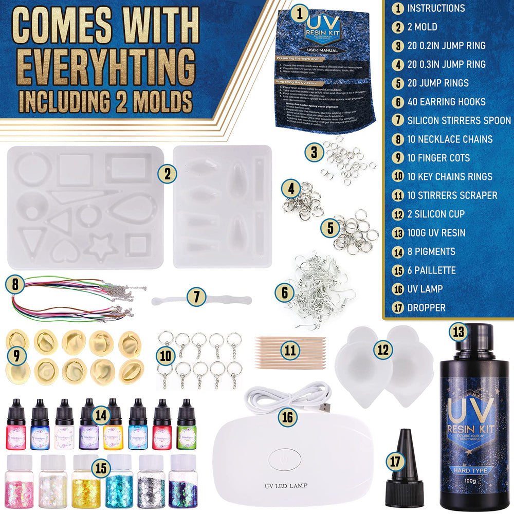 Epoxy UV Light Resin Kit - Silicone Molds UV Clear Casting Curing Jewelry Making Supplies Necklace Keychain Bracelet Arts Crafts Resin Bundle Office Home Decor Complete Set