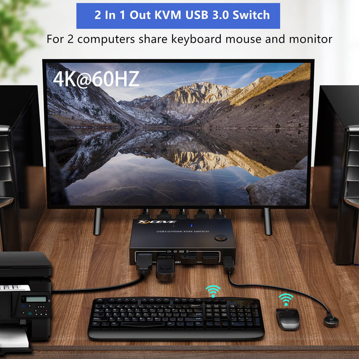 KVM Switch 2 Ports, HDMI USB KVM Switcher Support Keyboard Hotkey Switch Way, for 2PC Share One Keyboard Mouse and Monitor, HUD 4K (3840x2160) Supported