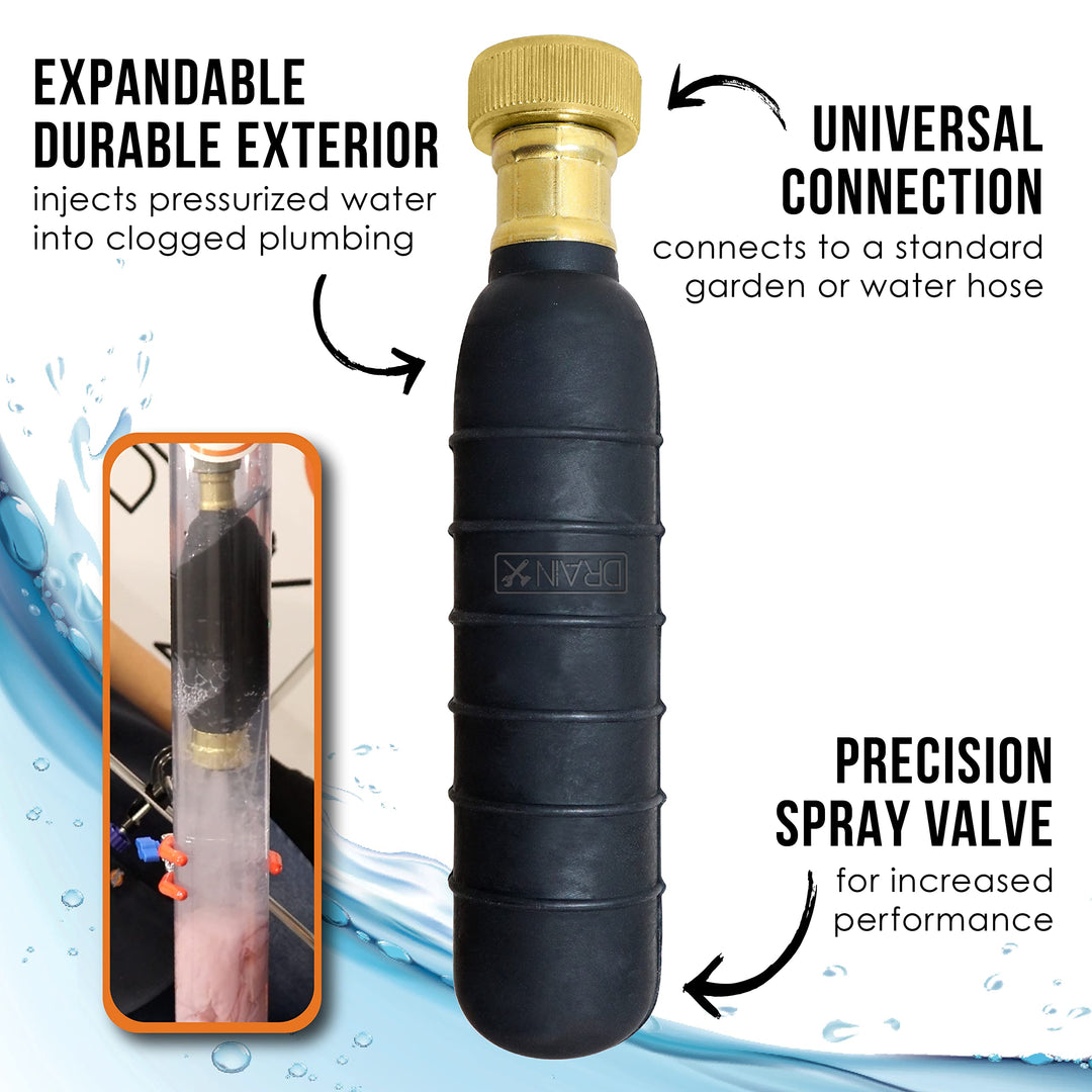 Hydro Pressure Drain Cleaning Bladder - Fits 1 to 2 Drain Pipes - Unclogs Stubborn Blockages in Bathroom Sinks, Shower Drains, Bathtubs, Plumbing Pipes