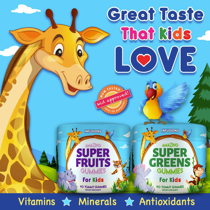 Infusions Super Fruit and Super Green Gummies for Kids 180 Count Superfood Blend Soft and Delicious Gluten Free Non-GMO