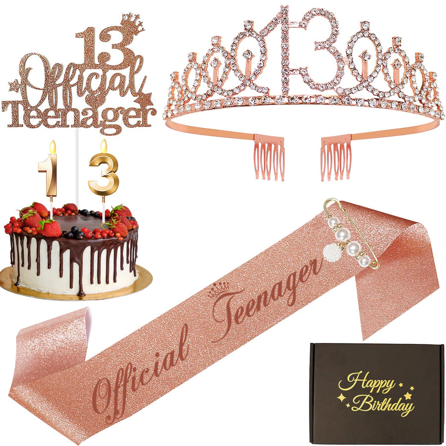 13th Birthday Decorations for Girls - Includes 13th Birthday Sash, 13 Tiara Crown, 13th Cake Topper, Birthday Candles, Pins - Official Teenager 13 Birthday Gifts Decorations Party Supplies for Girls