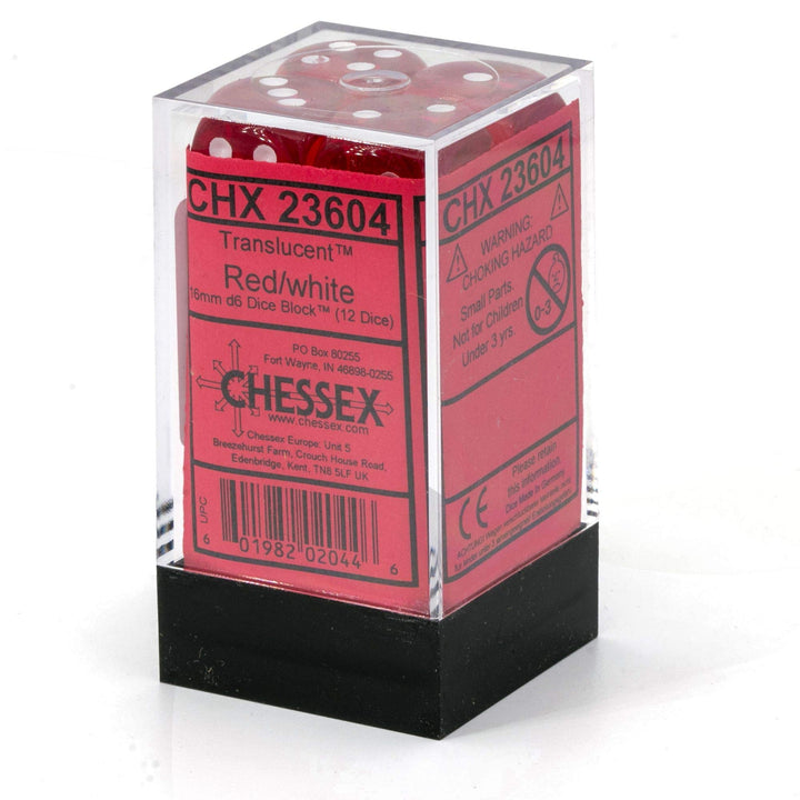 Chessex Translucent 16mm d6 Red w/White Dice Block 12 p