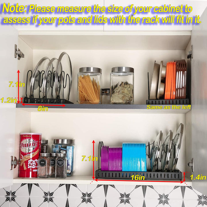 15 Adjustable Dividers Pot and Pan Organizer Rack, 7D x 32W x 7.1H, 3 in 1, Expandable Lid Bakeware Cupboard Rack Holder for Kitchen Cabinet Pantry Countertop, Black (Patent Pending)