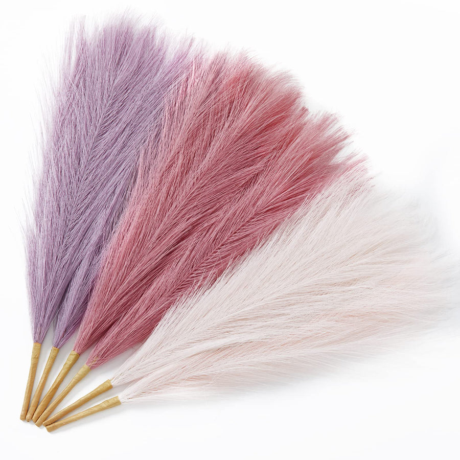Pampas Grass Decor 17 Inch 6pcs, Purple Pink Artificial Pampas Grass Home Wedding Decor, Small Faux Pampas Fake Pompous Boho Vase Filler, Bathroom Living Room Decoration
