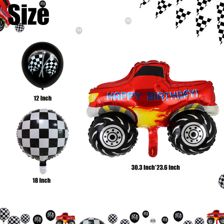 2 Pcs Monster Truck Mylar Foil Balloons Checkered Racing Car Flag Latex Happy Birthday Balloon Decoration kit
