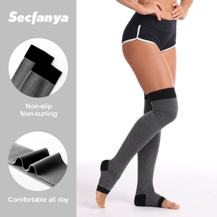 Thigh High Compression Open-Toe Socks for Women Over Knee Stocking for Yoga Runing,Leg Warmers Sleeves for Varicose Vein… (One Size, Gray)